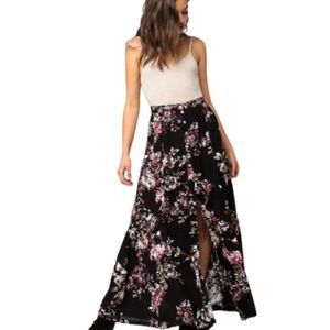 Full Tilt Black and Pink Maxi A-Line Skirt with Slit